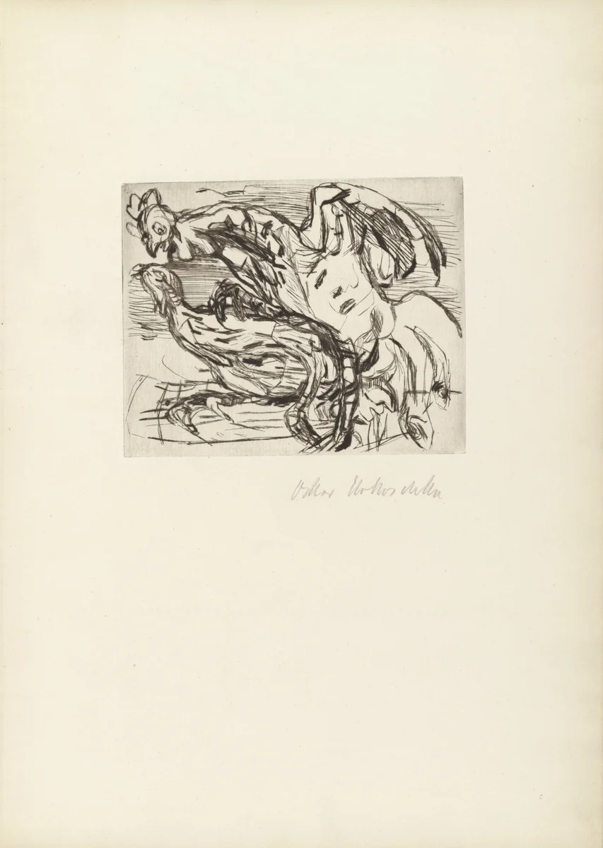 Rooster Kicking a Hen (Hahn, eine Henne tretend) (frontispiece) from Geh, mach die Tür zu, es zieht! (Close the Door, Will You, There Is a Draft!) by Oskar Kokoschka, illustrated book, 1926