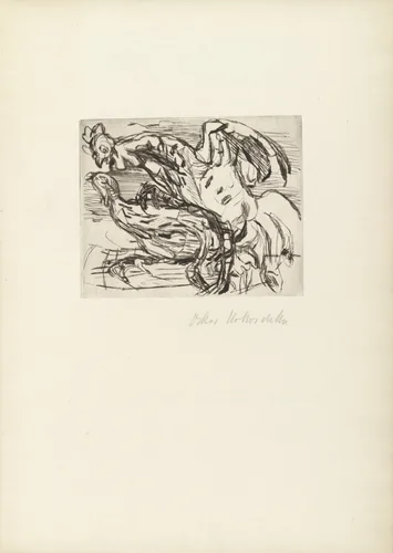 Rooster Kicking a Hen (Hahn, eine Henne tretend) (frontispiece) from Geh, mach die Tür zu, es zieht! (Close the Door, Will You, There Is a Draft!) by Oskar Kokoschka, illustrated book, 1926