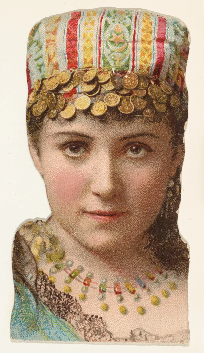 Actress wearing cap decorated with coins, from Stars of the Stage, Fourth Series (N132) issued by Duke Sons & Co. to promote Honest Long Cut Tobacco by W. Duke, Sons & Co., print, 1892-1893