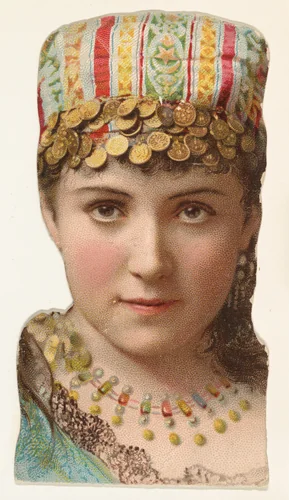 Actress wearing cap decorated with coins, from Stars of the Stage, Fourth Series (N132) issued by Duke Sons & Co. to promote Honest Long Cut Tobacco by W. Duke, Sons & Co., print, 1892-1893