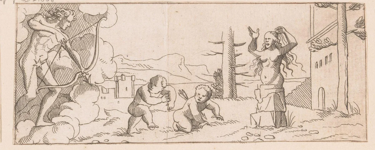 Niobe verandert in steen wanneer Apollo haar kinderen doodt by Caspar Merian, print, 1516