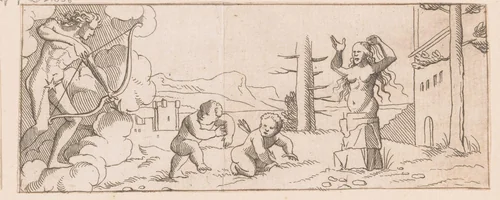 Niobe verandert in steen wanneer Apollo haar kinderen doodt by Caspar Merian, print, 1516