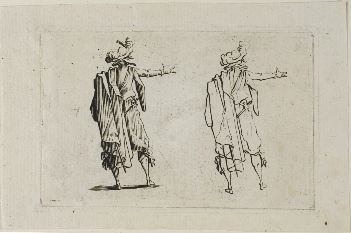 The Man Seen from the Back, Right Arm Raised, from The Caprices by Jacques Callot, print, 1617-1627