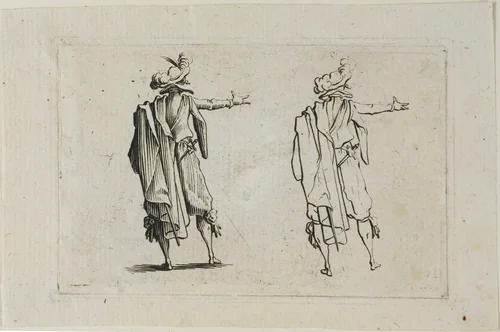 The Man Seen from the Back, Right Arm Raised, from The Caprices by Jacques Callot, print, 1617-1627