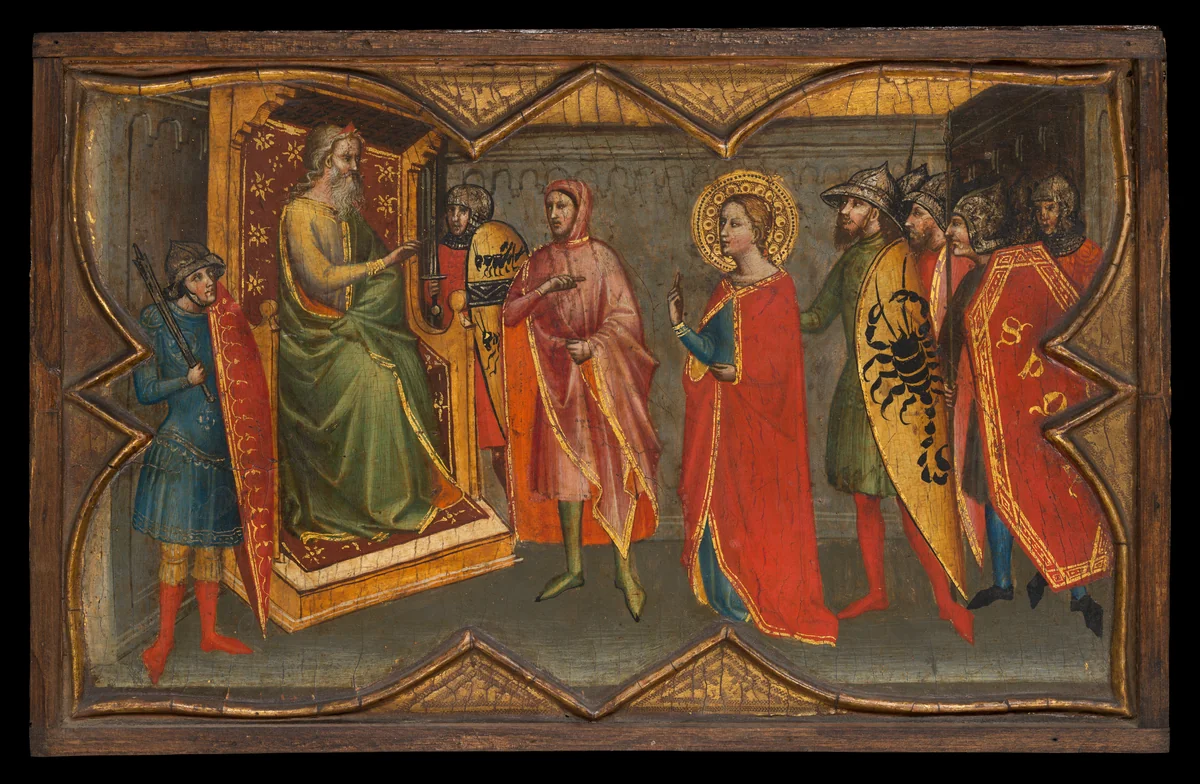 Saint Lucy and Her Mother at the Shrine of Saint Agatha; Saint Lucy Giving Alms; Saint Lucy before Paschasius; Saint Lucy Resisting Efforts to Move Her by Giovanni di Bartolommeo Cristiani, painting, 1367-1398