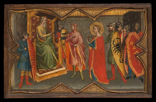 Saint Lucy and Her Mother at the Shrine of Saint Agatha; Saint Lucy Giving Alms; Saint Lucy before Paschasius; Saint Lucy Resisting Efforts to Move Her by Giovanni di Bartolommeo Cristiani, painting, 1367-1398