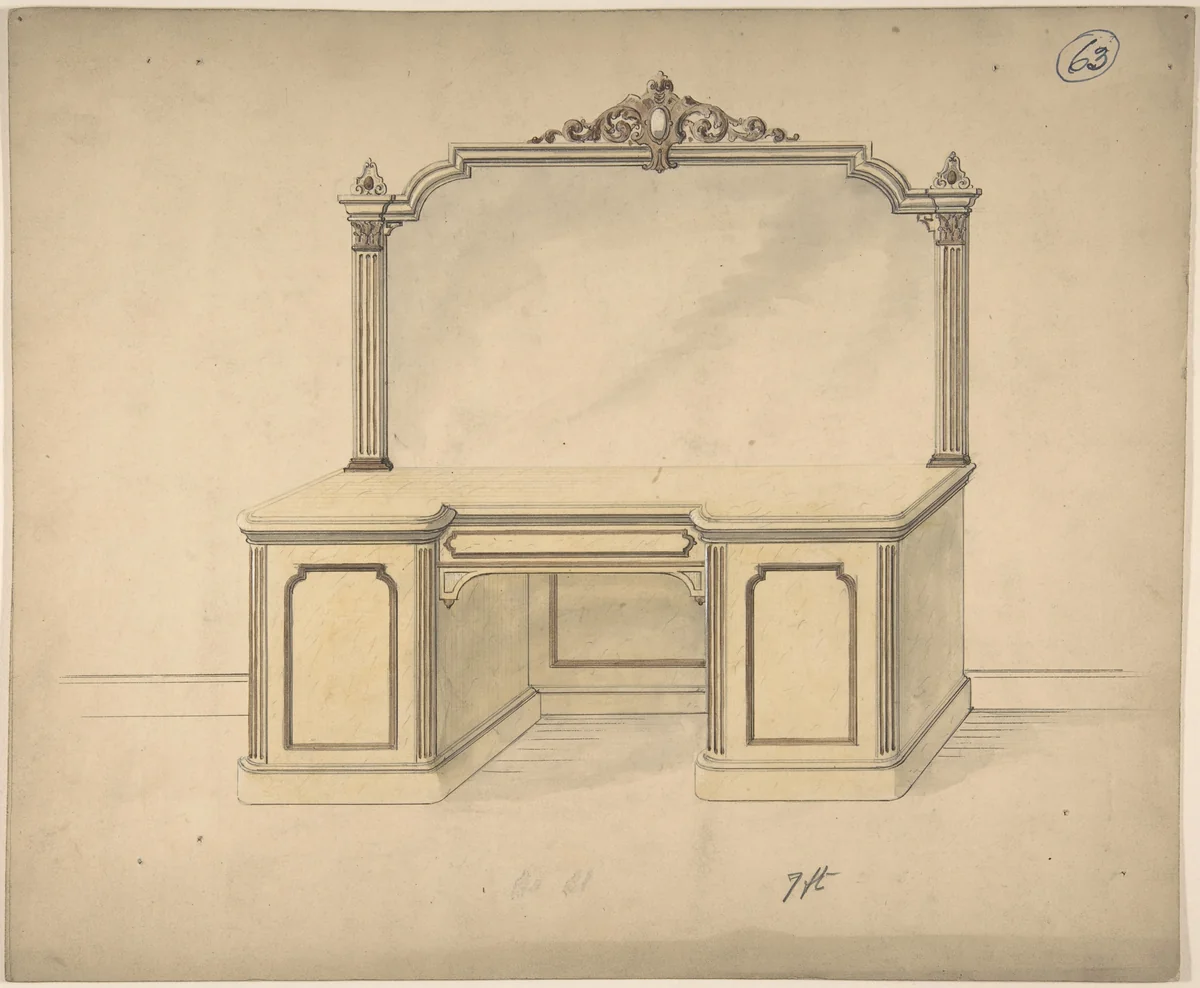 Design for a Desk with Mirror by Charles Hindley and Sons, drawing, 1841-1884