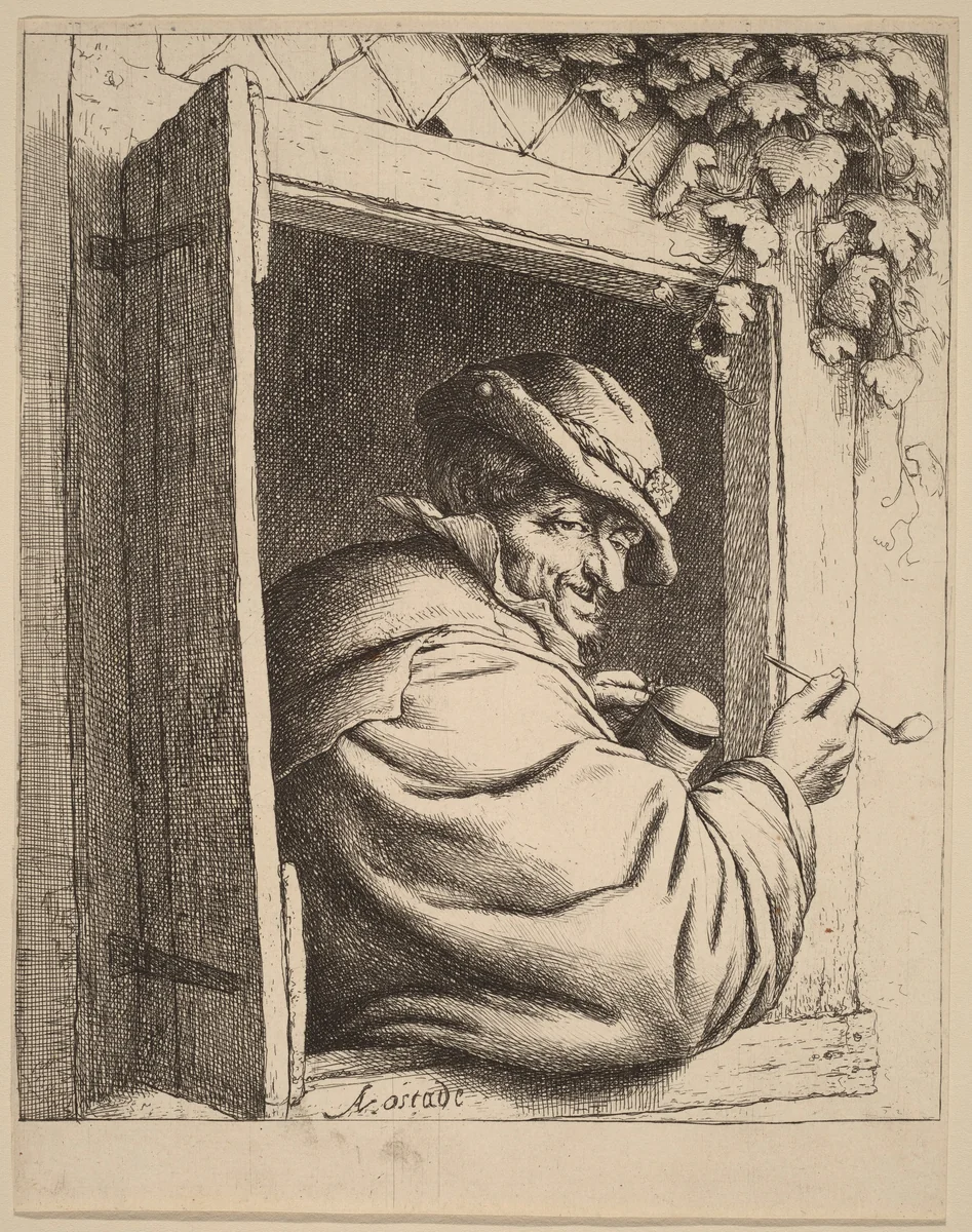 Peasant at a Window Holding a Pipe and a Jug by Adriaen van Ostade, print, 1648-1658