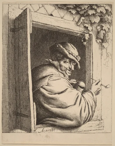 Peasant at a Window Holding a Pipe and a Jug by Adriaen van Ostade, print, 1648-1658