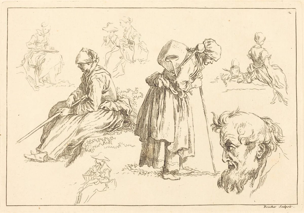 Figure Studies including Woman with a Kettle by François Boucher, print, 1735