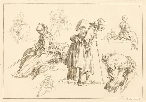 Figure Studies including Woman with a Kettle by François Boucher, print, 1735