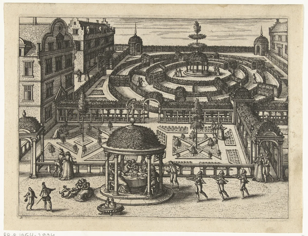 Hoftuin met een gezelschap aan een tafel by Pieter van der Borcht, print, 1545-1608