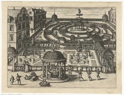 Hoftuin met een gezelschap aan een tafel by Pieter van der Borcht, print, 1545-1608
