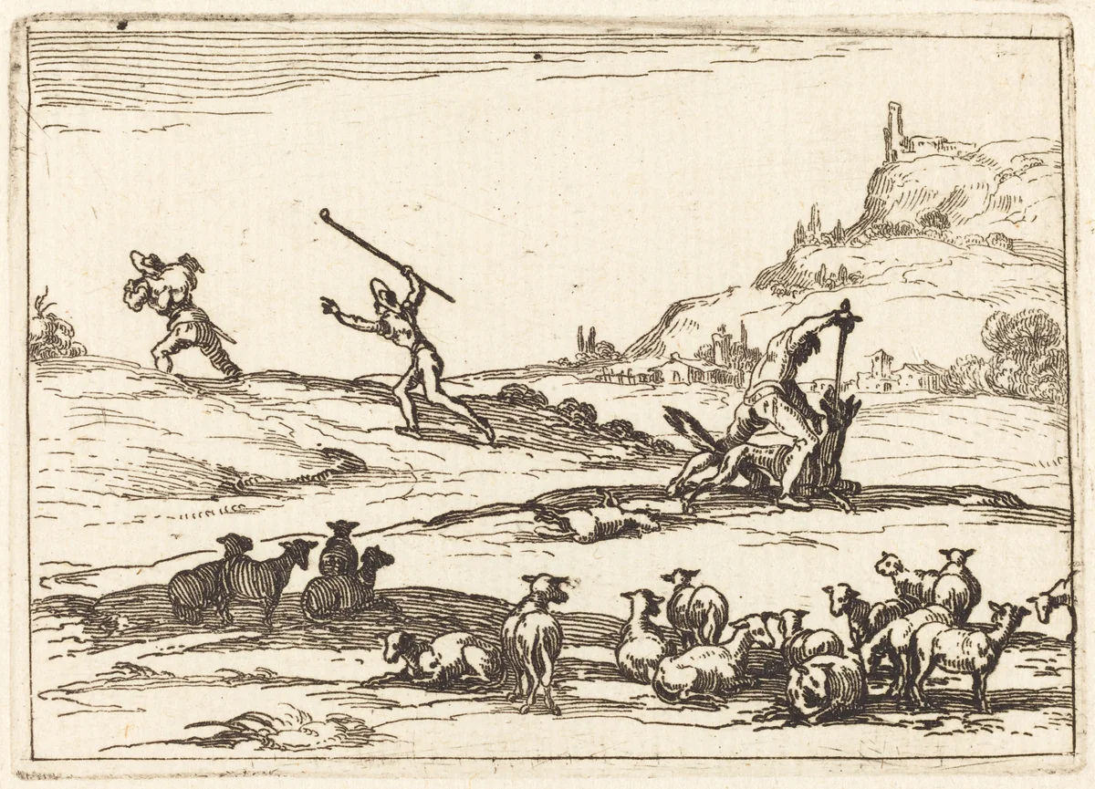 Shepherds Defending their Herds by Jacques Callot, print, 1628
