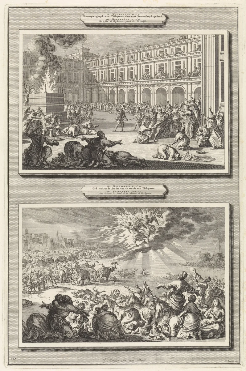 Koning Ptolemaeus Philopator krijgt een beroerte als straf voor zijn nieuwsgierigheid en twee engelen die de olifanten van Ptolemaeus Philopator wegjagen by Jan Luyken, print, 1700