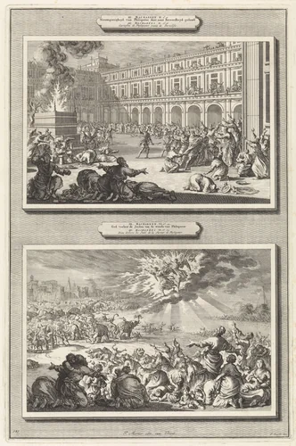 Koning Ptolemaeus Philopator krijgt een beroerte als straf voor zijn nieuwsgierigheid en twee engelen die de olifanten van Ptolemaeus Philopator wegjagen by Jan Luyken, print, 1700