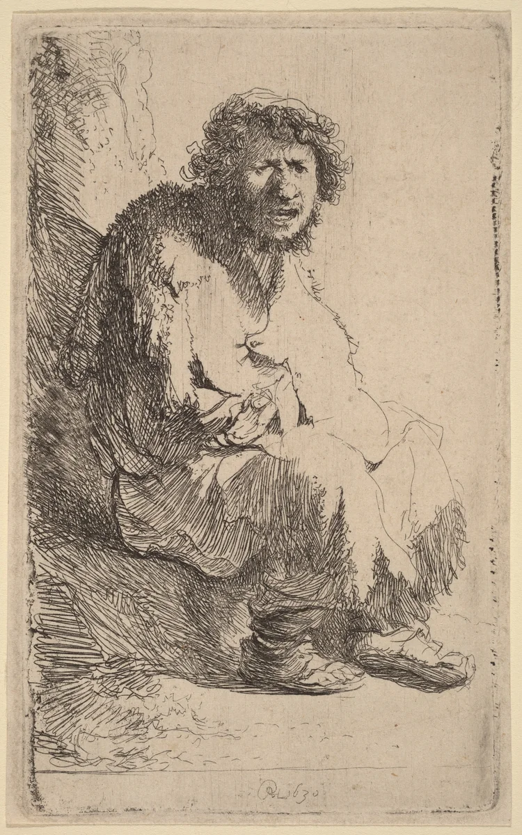 Beggar Seated on a Bank by Rembrandt van Rijn, print, 1630