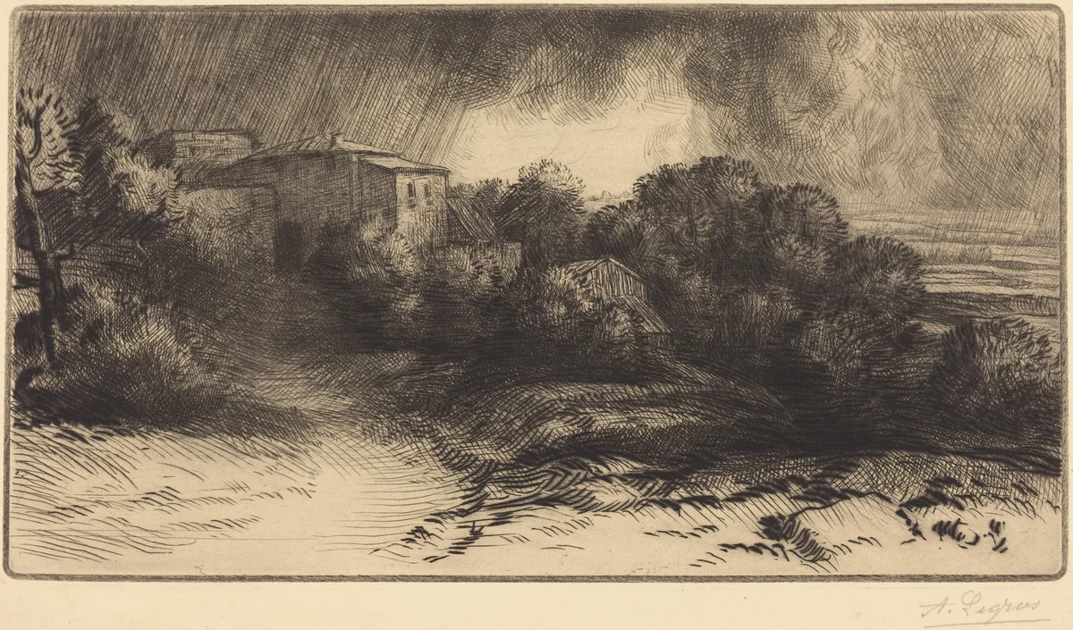 View of a Farm Seen in a Storm (La ferme de Brieux (Effet d'orage)) by Alphonse Legros, print, 1837-1911