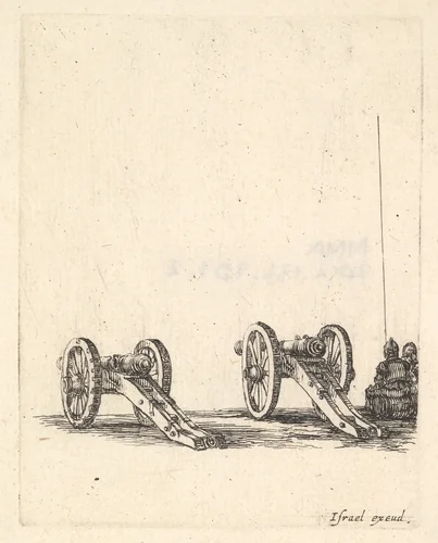 Two cannons, two soldiers seen from the back seated to the right, from "Equipment needed for Fortification" (Recueil de diverses pièces très nécessaires à la fortification) by Stefano della Bella, print, 1638-1643
