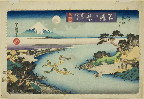 Autumn Moon of the Jewel River, View of Fishermen Catching Sweetfish (Tamagawa shugetsu, Tamagawa ayukumi no zu), from the series "Eight VIews of Famous Places (Meisho hakkei)" by Utagawa Toyoshige, print, 1828-1839