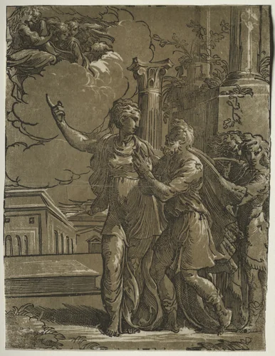 Tiburtine Sibyl and the Emperor Augustus by Parmigianino, print, 1522-1531