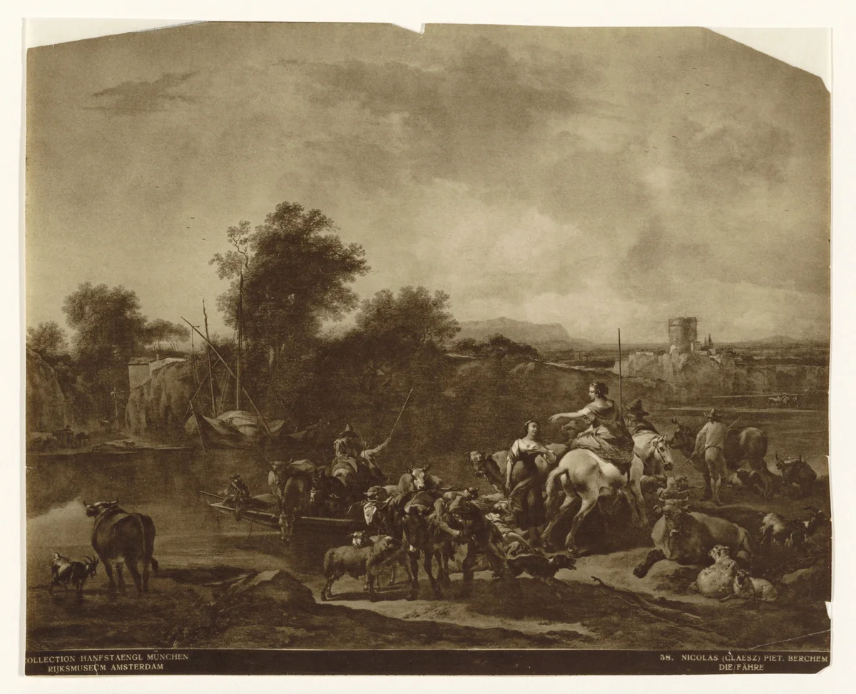 Reproductie van het schilderij 'Het ponteveer' door Nicolaas Berchem by anonymous, print, 1870-1910