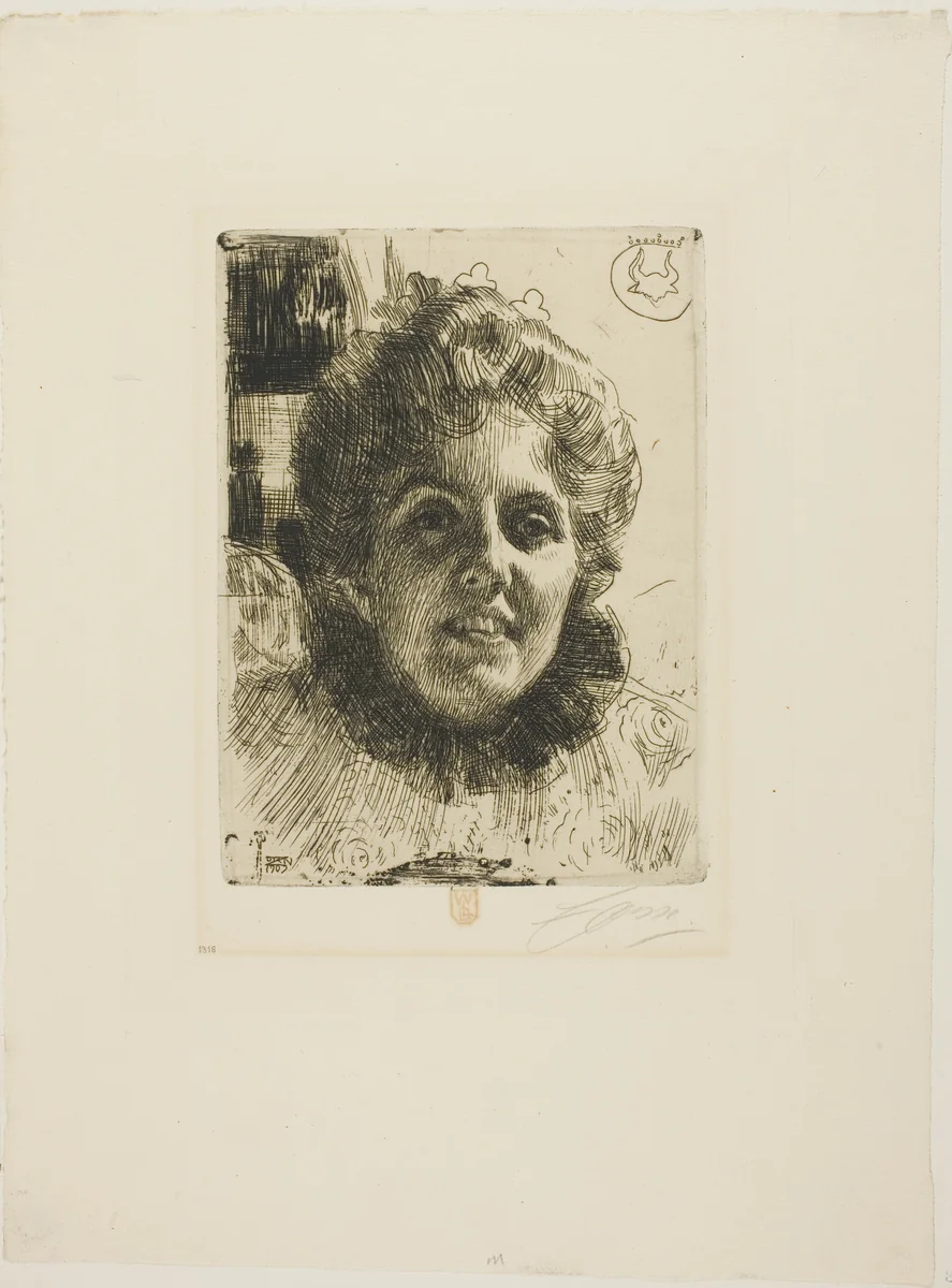 Aurore (Mrs. Aurore Klintberg, née Oxenstierna, Head) by Anders Zorn, print, 1909