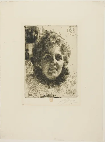 Aurore (Mrs. Aurore Klintberg, née Oxenstierna, Head) by Anders Zorn, print, 1909