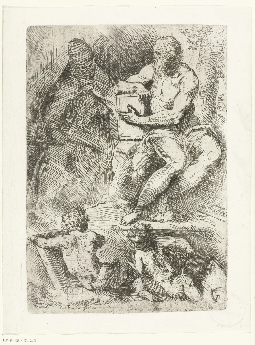 De heilige Hieronymus, de paus en twee putti by Unknown, print, 1554-1611
