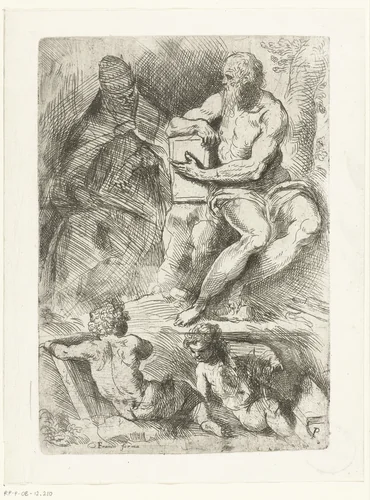 De heilige Hieronymus, de paus en twee putti by Unknown, print, 1554-1611