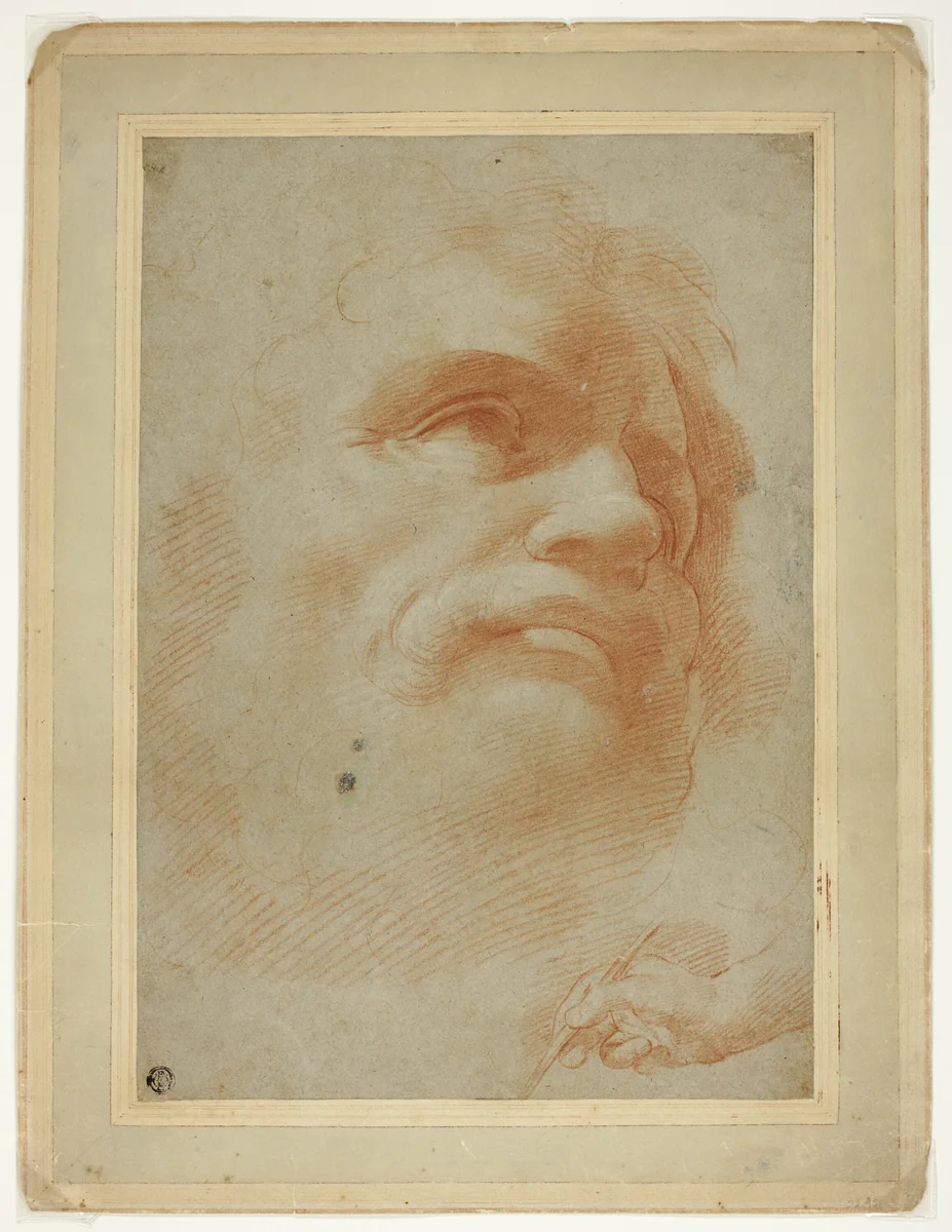 Male Head and Sketch of Right Hand Holding Stylus by Antonio Correggio, drawing, 1520-1524