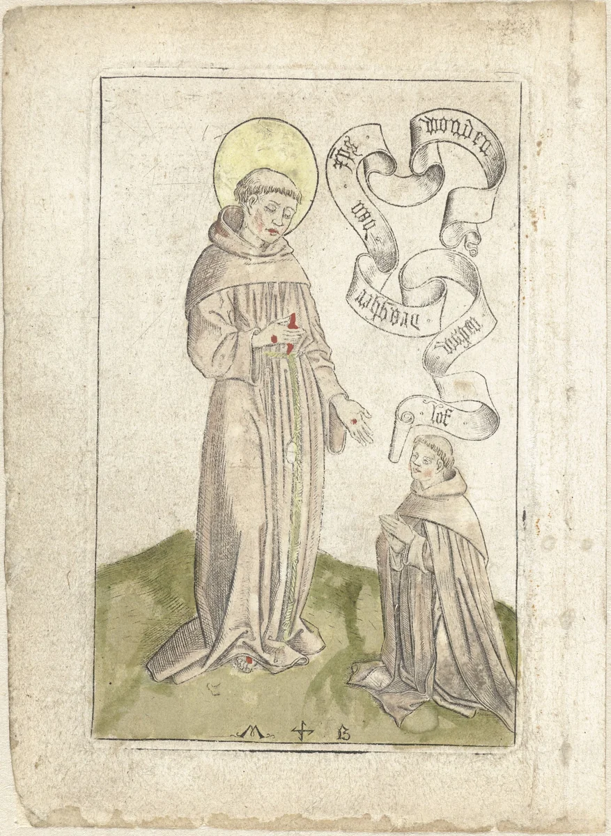 Heilige Franciscus met knielende franciscaan by Unknown, print, 1450-1500