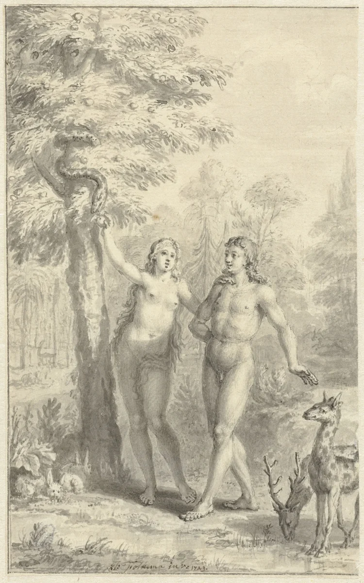 Adam en Eva by Jacob Folkema, drawing, 1723