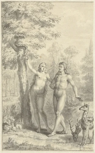 Adam en Eva by Jacob Folkema, drawing, 1723