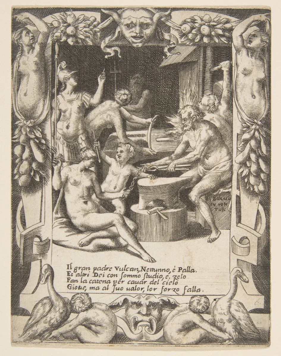 Vulcan, Neptune, Athena and other Gods making Shackles to pull Jupiter from the Heavens, set within an elaborate frame, from "Loves, Rages and Jealousies of Juno" by Giulio Bonasone, print, 1531-1576