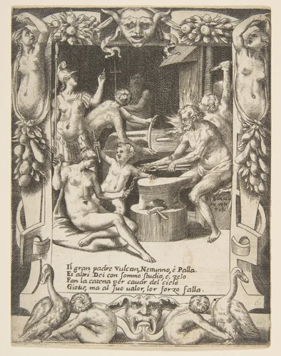 Vulcan, Neptune, Athena and other Gods making Shackles to pull Jupiter from the Heavens, set within an elaborate frame, from "Loves, Rages and Jealousies of Juno" by Giulio Bonasone, print, 1531-1576