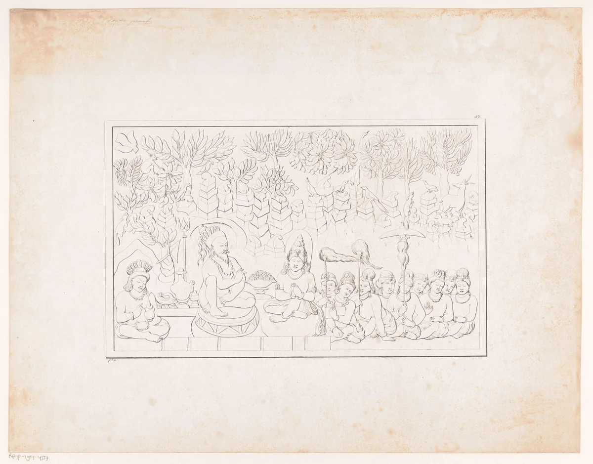 Reliëf met Boeddhistische goden, mogelijk van de tempel Candi Mendut by Andries Wiemans, print, 1836-1858