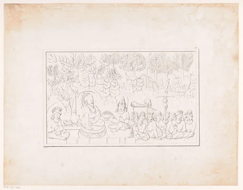 Reliëf met Boeddhistische goden, mogelijk van de tempel Candi Mendut by Andries Wiemans, print, 1836-1858