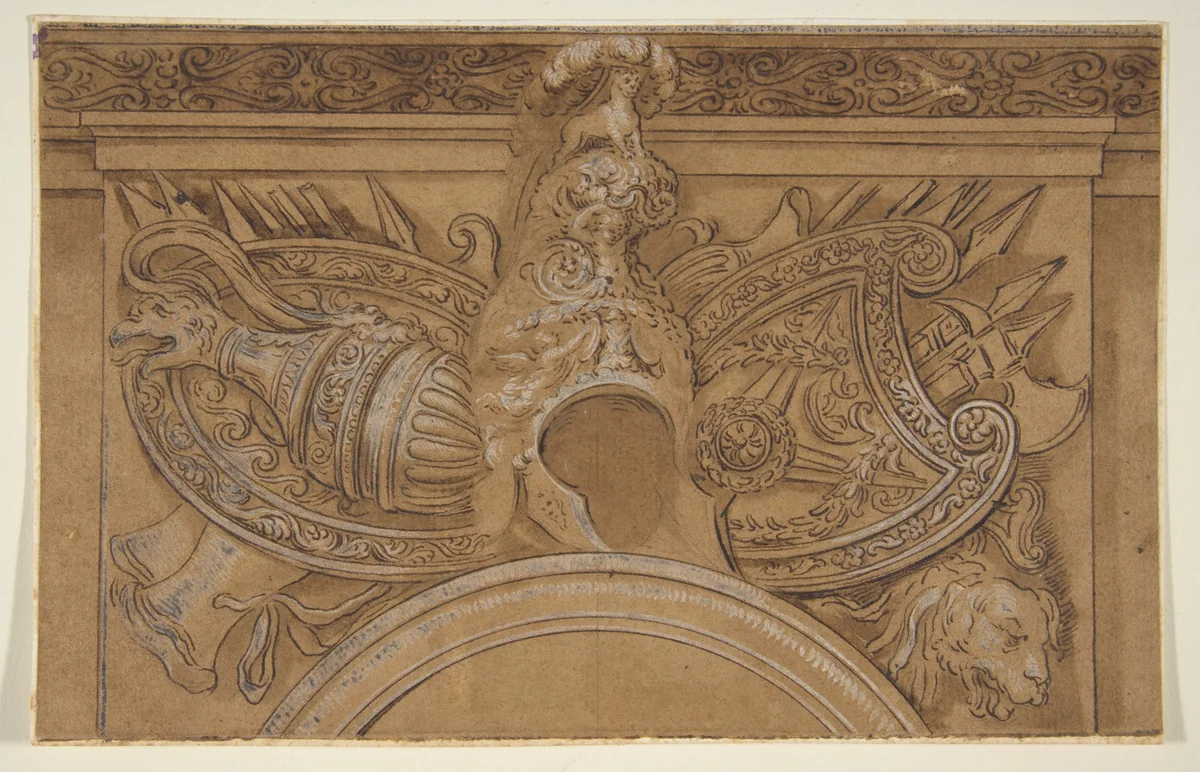 Armorial Trophy by Polidoro da Caravaggio, drawing, 1600-1800