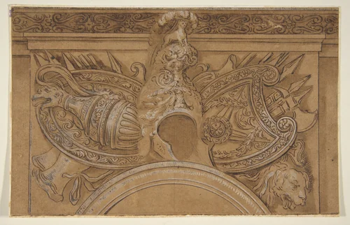 Armorial Trophy by Polidoro da Caravaggio, drawing, 1600-1800