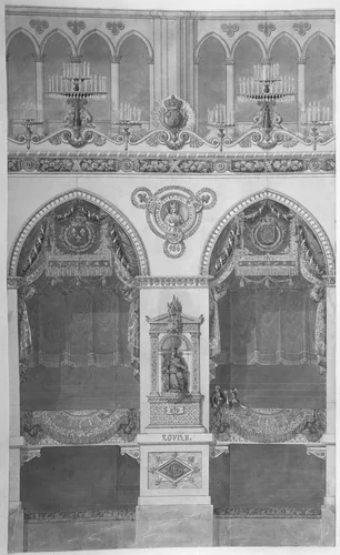 Interior Elevation of Reims Cathedral with a Statue of King Louis II by Charles Percier, drawing, 1815