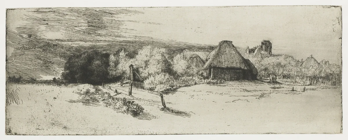 Landscape with a farm building and the 'house with the tower' by Rembrandt van Rijn, print, 1650