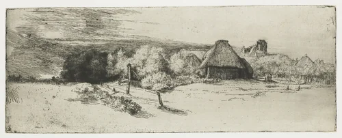 Landscape with a farm building and the 'house with the tower' by Rembrandt van Rijn, print, 1650