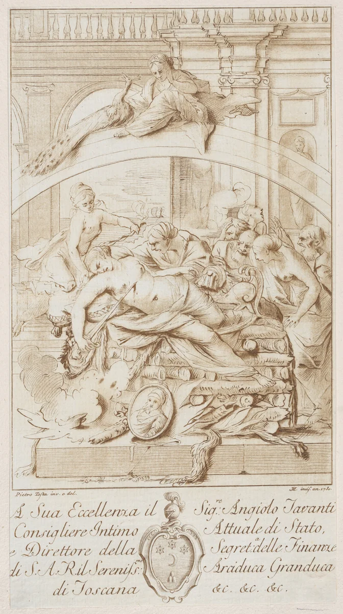 The suicide of Dido lying on the pyre in the centre surrounded by figures by anonymous, print, 1780