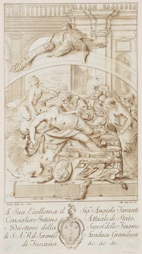 The suicide of Dido lying on the pyre in the centre surrounded by figures by anonymous, print, 1780