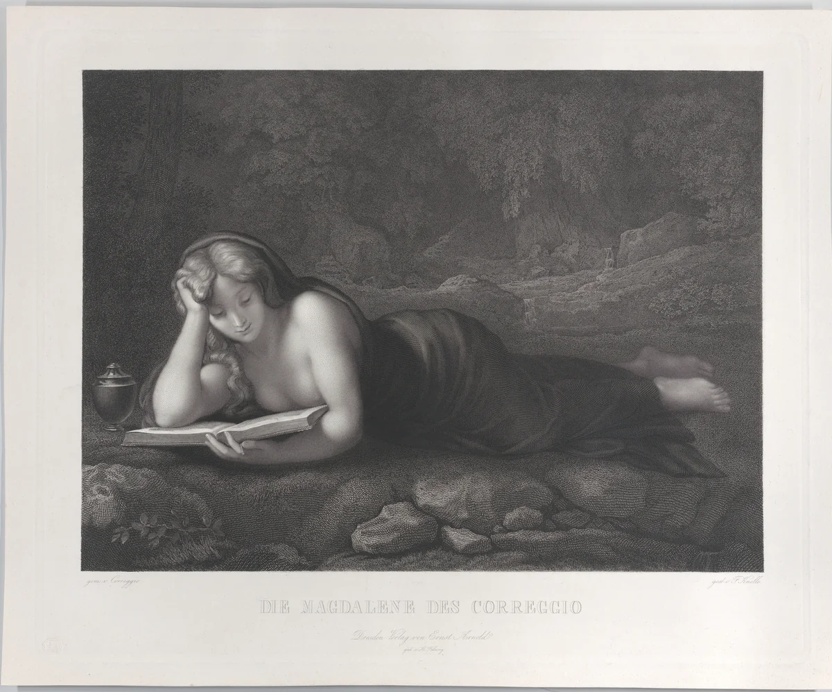 Mary Magdalene reading in the desert by Johann Heinrich Friedrich Ludwig Knolle, print, 1827-1875