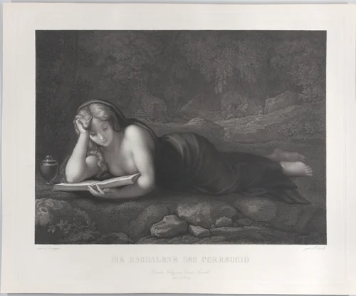 Mary Magdalene reading in the desert by Johann Heinrich Friedrich Ludwig Knolle, print, 1827-1875