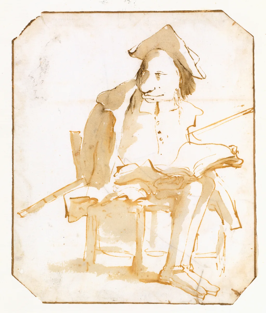 Caricature of a Seated Man with a Book and a Cane by Giovanni Battista Tiepolo, drawing, 1755-1765