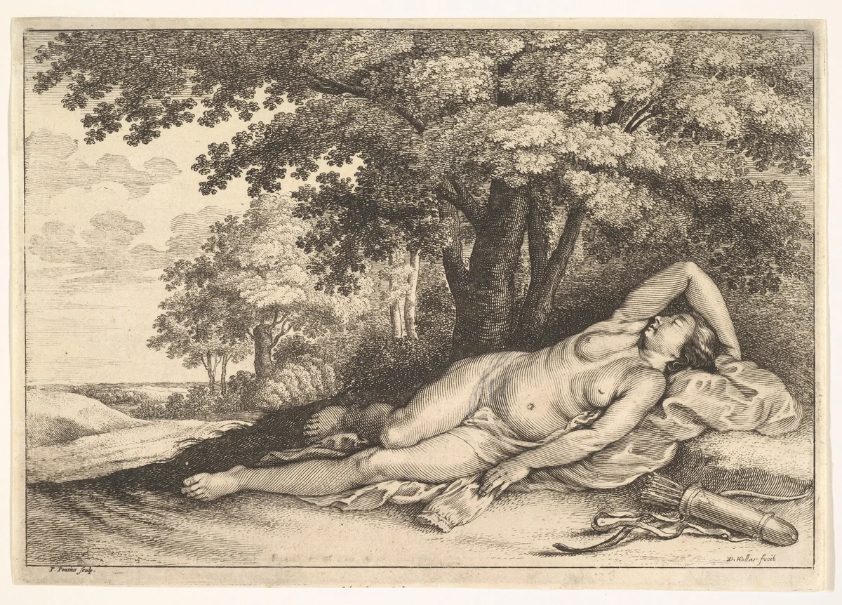 Sleeping Huntress by Wenceslaus Hollar, print, 1644-1652