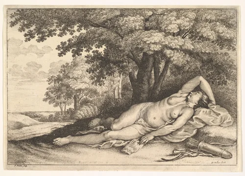 Sleeping Huntress by Wenceslaus Hollar, print, 1644-1652